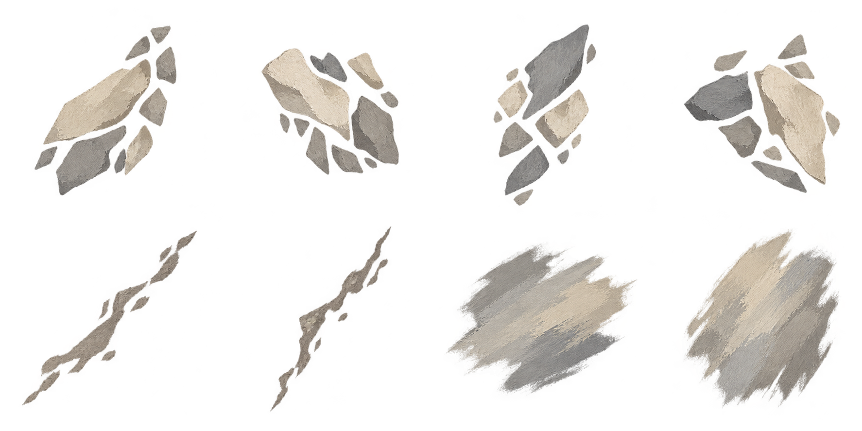 Eight separate groups of grey and cream painted stone marks, including broad angular patches and narrow edge details, arranged on a transparent background.